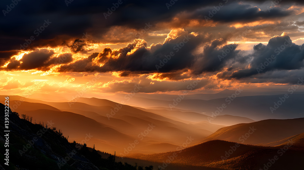 Fototapeta premium A magnificent view of the mountains bathed in golden light, with golden clouds floating across the horizon in the evening sky.A magnificent view of the mountains bathed in golden light, with golden cl