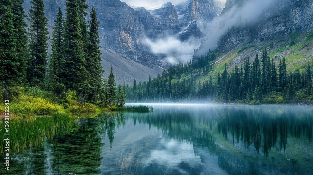 Serene mountain lake reflecting mist-shrouded peaks and evergreen trees. Serene mountain lake reflecting mist-shrouded peaks and evergreen trees.