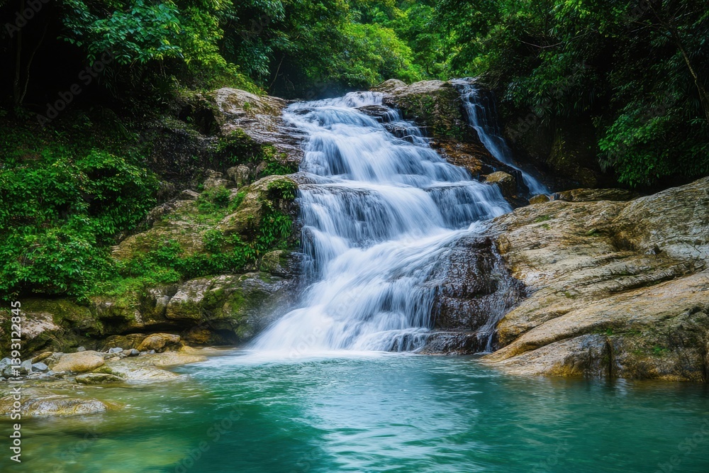 A scenic waterfall cascading down rocky terrain into a clear turquoise pool surrounded by lush greenery A scenic waterfall cascading down rocky terrain into a clear turquoise pool surrounded by lush greenery