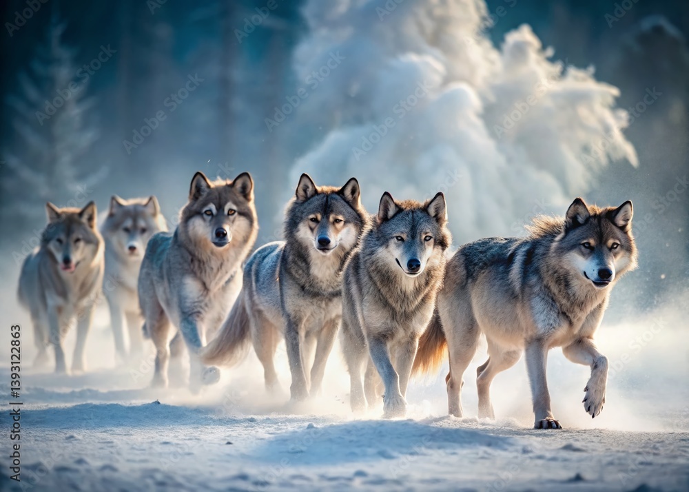 Naklejka premium Majestic Wolves in a Snowy Mist A Captivating Wildlife Photograph of Elegant Canines in a Winter Wonderland