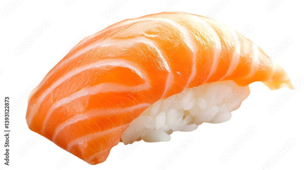 A piece of sushi with fresh salmon on a white background A piece of sushi with fresh salmon on a white background