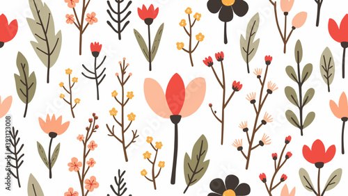Seamless floral pattern, seamless pattern with poppies, Seamless floral pattern, Floral colorful seamless Pattern. Hand drawn Flowers and branches in Scandinavian style. Spring summer plants botanic