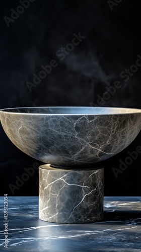 Elegant Marble Bowl Placed on a Cylindrical Marble Pedestal Against a Dark Ba...