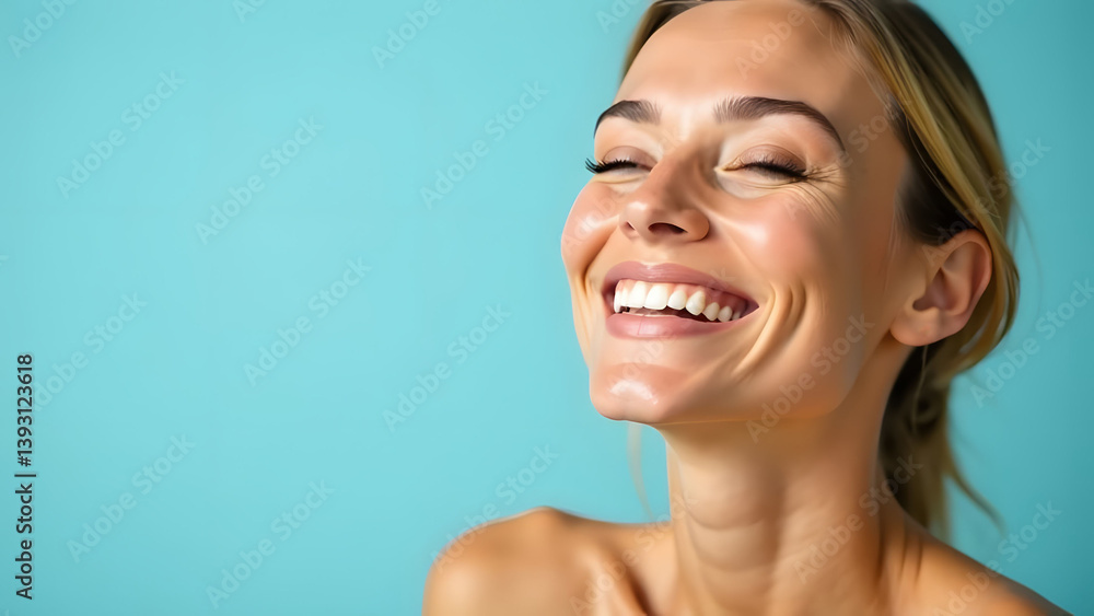 Joyful woman experiencing skincare renewal with moisturizer, emotional beauty care moment, radiant satisfaction facial expression, copy space banner design. Joyful woman experiencing skincare renewal with moisturizer, emotional beauty care moment, radiant satisfaction facial expression, copy space banner design.