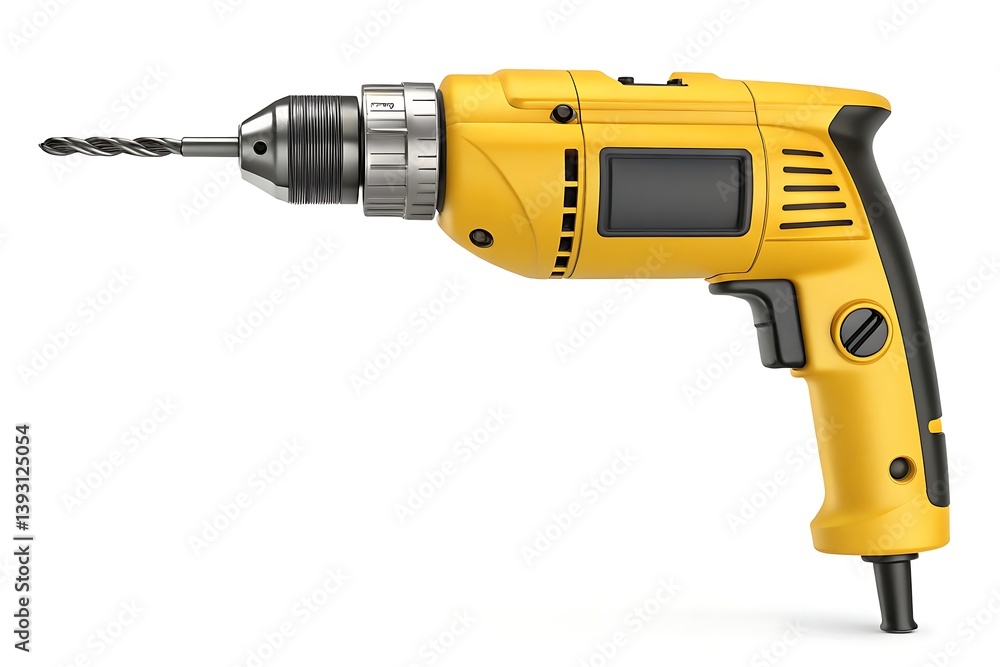 Yellow electric drill with drill bit isolated on white background Yellow electric drill with drill bit isolated on white background