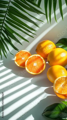 Bright Citrus Fruits Arranged With Tropical Leaves in Natural Light