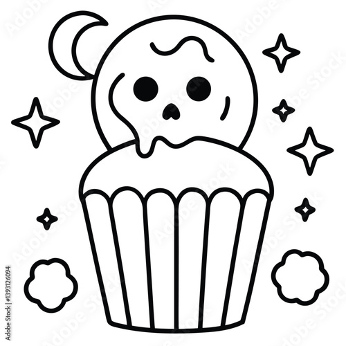 Halloween coloring page Sweet birthday cupcake illustration with pink icing and a cup, a cute dessert snack 