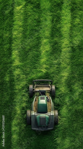 Mowing Grass in a Lush Garden on a Sunny Day With a Green Lawn Mower