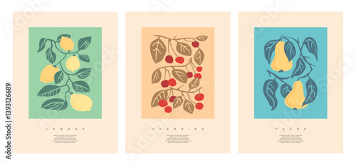 Artistic set of illustrations with various fruits and leaves. Cherries, pears and lemons decorative vector backgrounds.