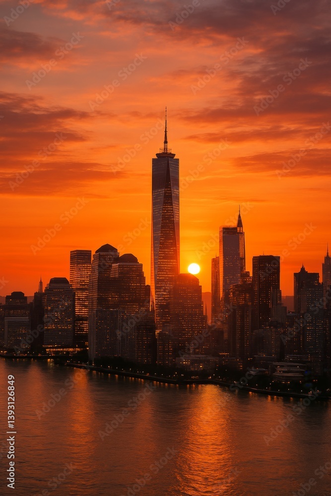 Obraz premium Stunning Sunset Over City Skyline With Sun Setting Behind Skyscrapers by the River