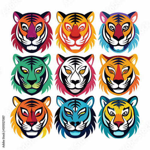 Tiger face colorful logo and icons set vector design