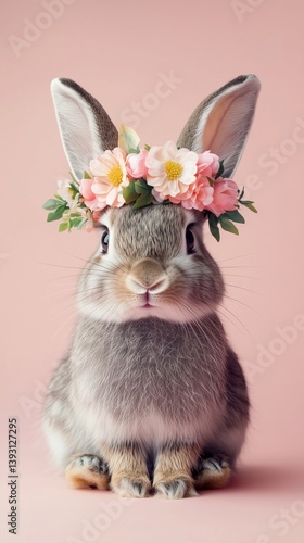 Bunny Wears Floral Crown Against Soft Pink Background for Adorable Springtime...