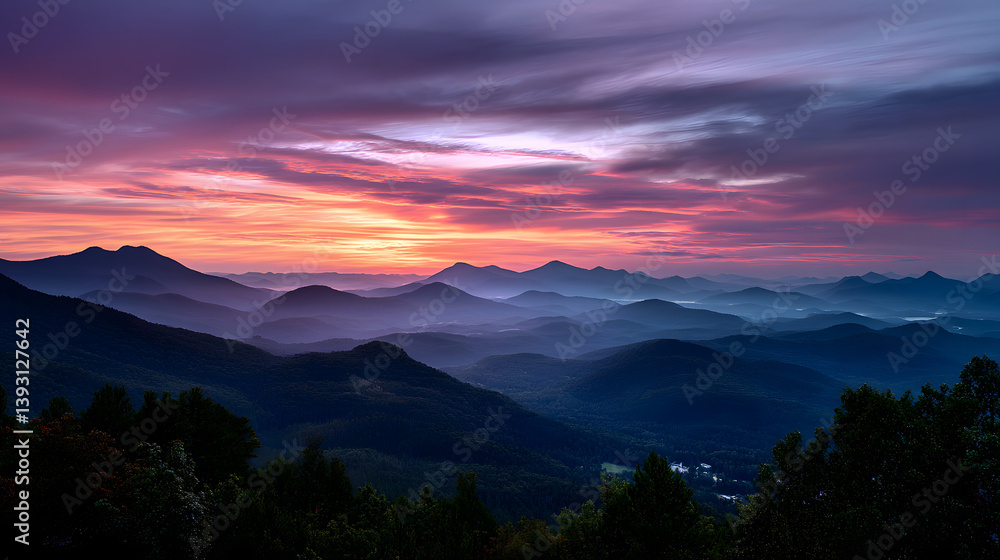 Naklejka premium A panoramic view of the sunset over the mountain range, with the sky painted in soft hues of pink, purple, and orange, and the peaks outlined in gold.A panoramic view of the sunset over the mountain r