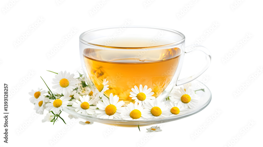 Chamomile tea in a glass cup isolated on white background Chamomile tea in a glass cup isolated on white background