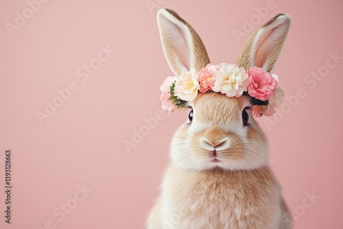 Cute Rabbit With Floral Crown Against a Pink Background in a Playful Setting