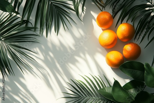 Fresh Oranges Surrounded by Lush Green Leaves and Shadows in a Bright, Natura...