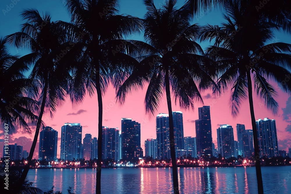 Obraz premium Miami Skyline at Sunset with Palm Trees Silhouetted Against Pink and Blue Sky Reflected in Water : Generative AI