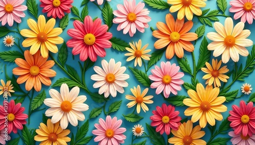 Colorful daisy flowers with green leaves on a seamless pattern background, floral, spring, nature