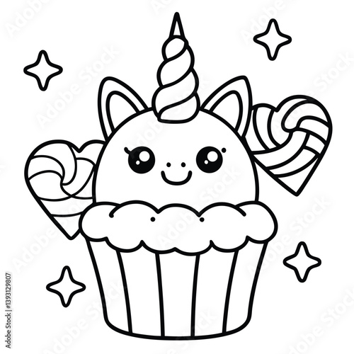 Cute kawaii coloring pages  vector illustration of a set of pink birthday cupcakes, a delicious sweet dessert with cream and chocolate icing