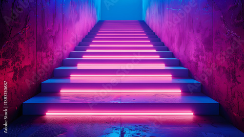 Creative business concept  Abstract staircase made of bright neon lines leading