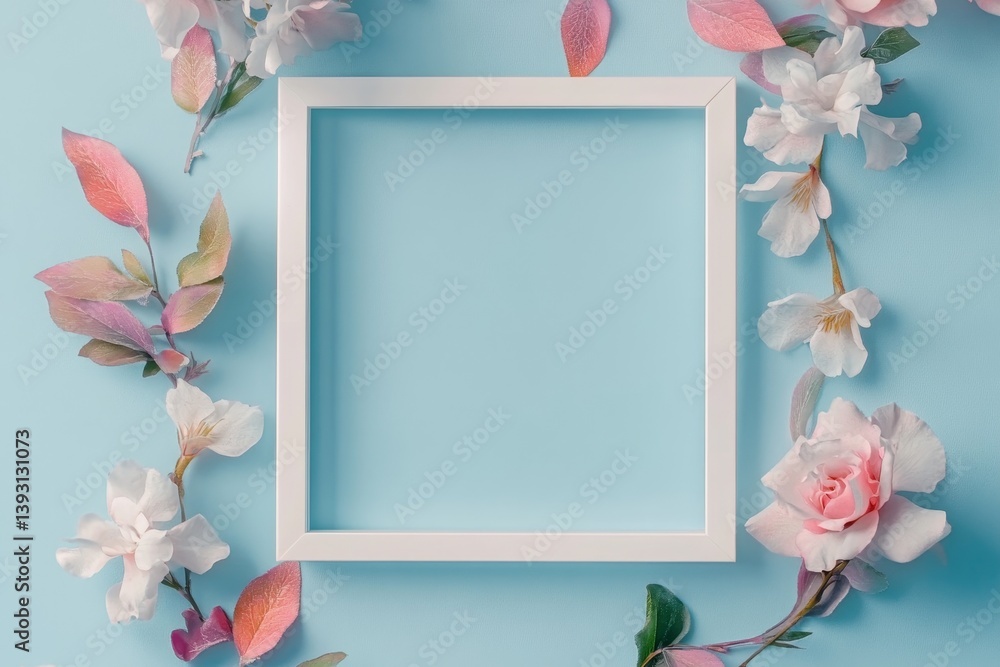 Obraz premium Pastel blooms surround a snowy frame conveying serenity against a tranquil blue backdrop