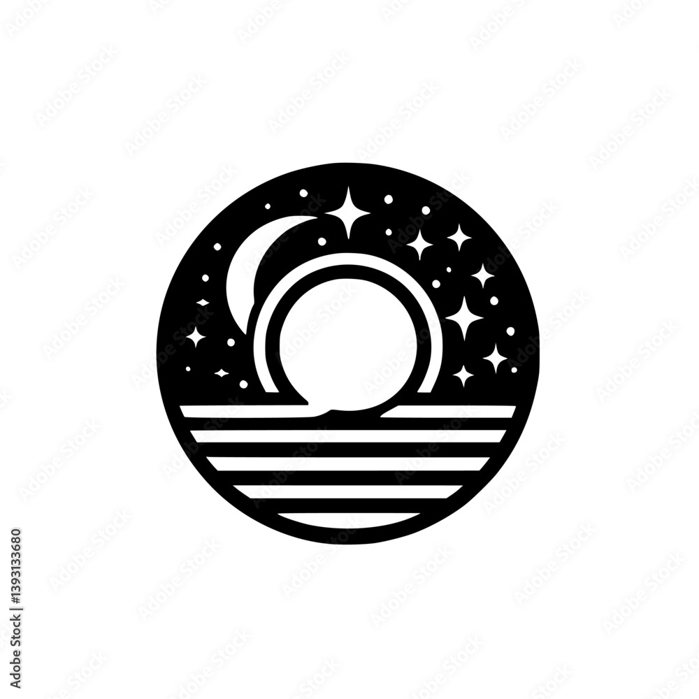 Celestial Silhouette: Moon, Stars, & Sea in Circular Badge Celestial Silhouette: Moon, Stars, & Sea in Circular Badge