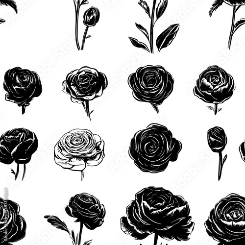 Collection of Ranunculuses pattern vector designs, Ranunculuses seamless pattern
