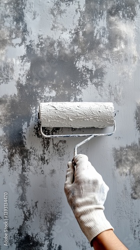 Hand Painting a Wall With White Color Using a Roller in a Modern Interior Space