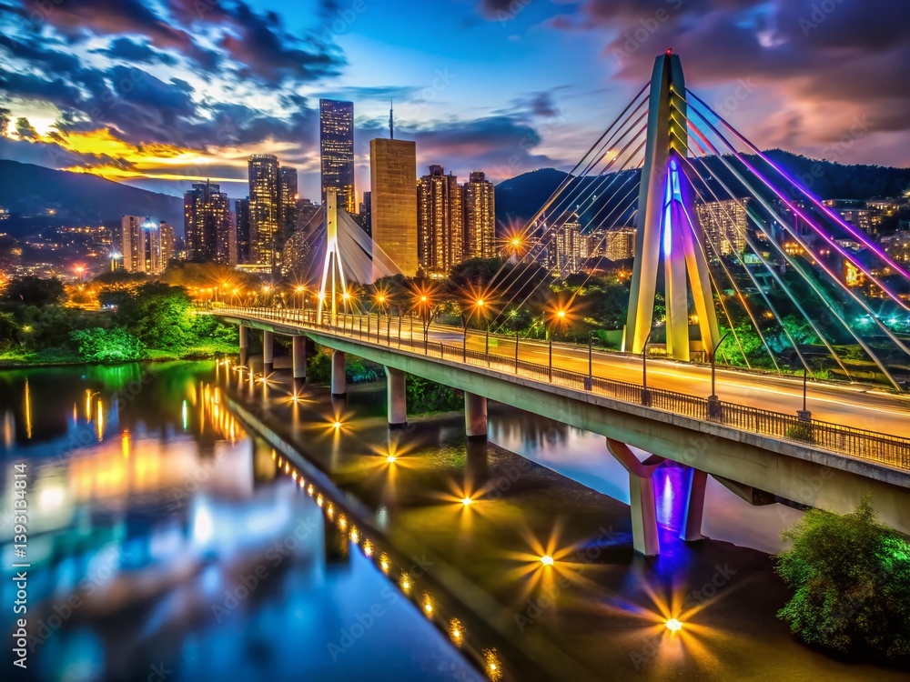 Obraz premium Enchanted Medelln Palace of Culture and Metro Bridge at Night A Stunning Architectural Photography Capture