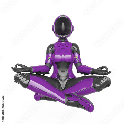 space girl in a new sci-fi suit on sitting meditation pose