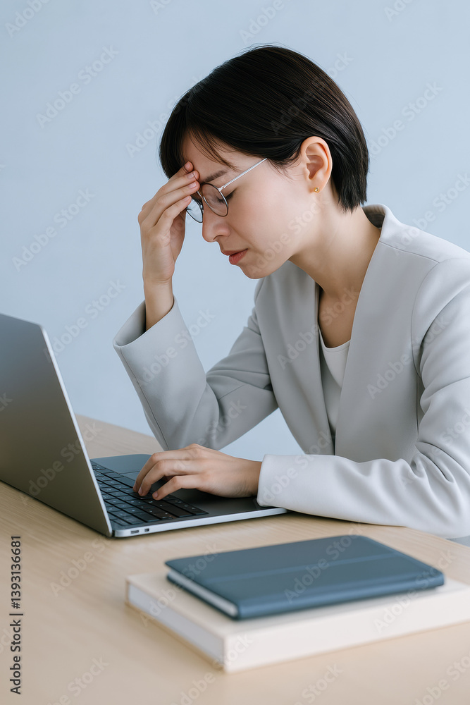 stressed businesswoman in glasses sits at desk, holding her head while working on laptop, with books nearby stressed businesswoman in glasses sits at desk, holding her head while working on laptop, with books nearby