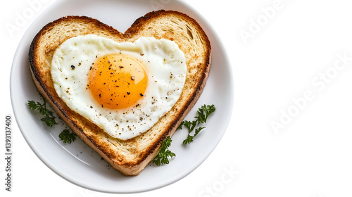 Heart-shaped egg and toast breakfast meal on white background