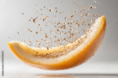 A perfectly sliced orange with juice droplets suspended in the air