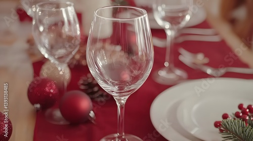 Christmas Table Setting with Wine Glasses and Ornaments