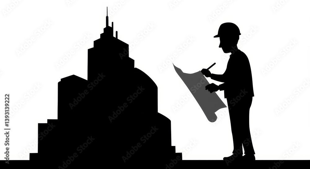 Obraz premium Architect Silhouette Designing Futuristic Building - Cartoon silhouette of an architect reviewing blueprints for a modern skyscraper. Symbolizing design, innovation, construction, architecture