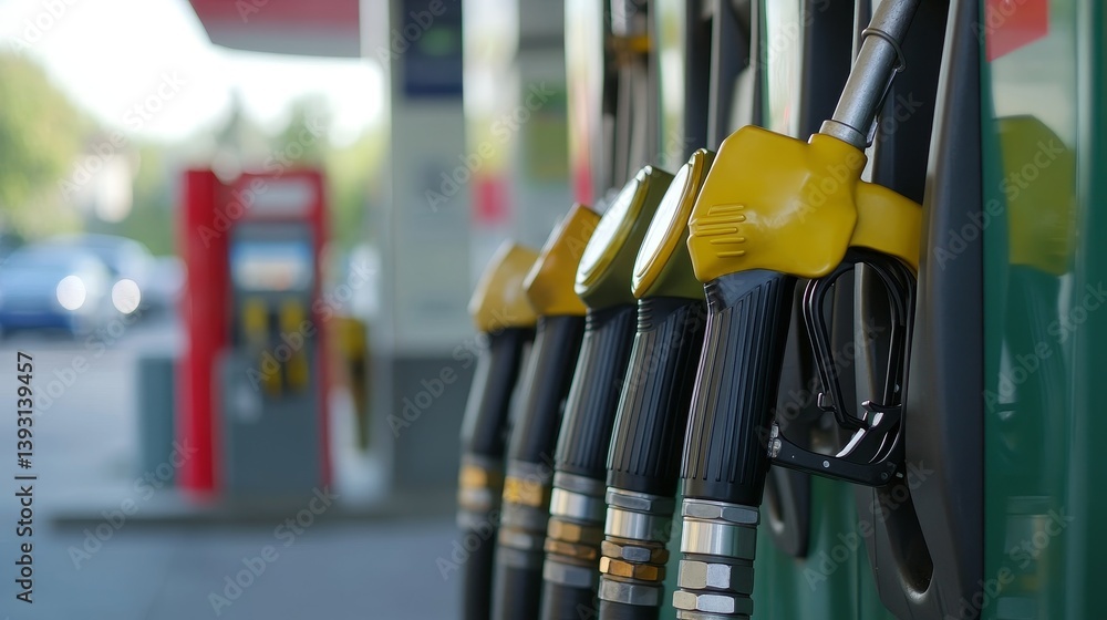 close-up of oil pump and nozzles at the gas station on the street in daylight