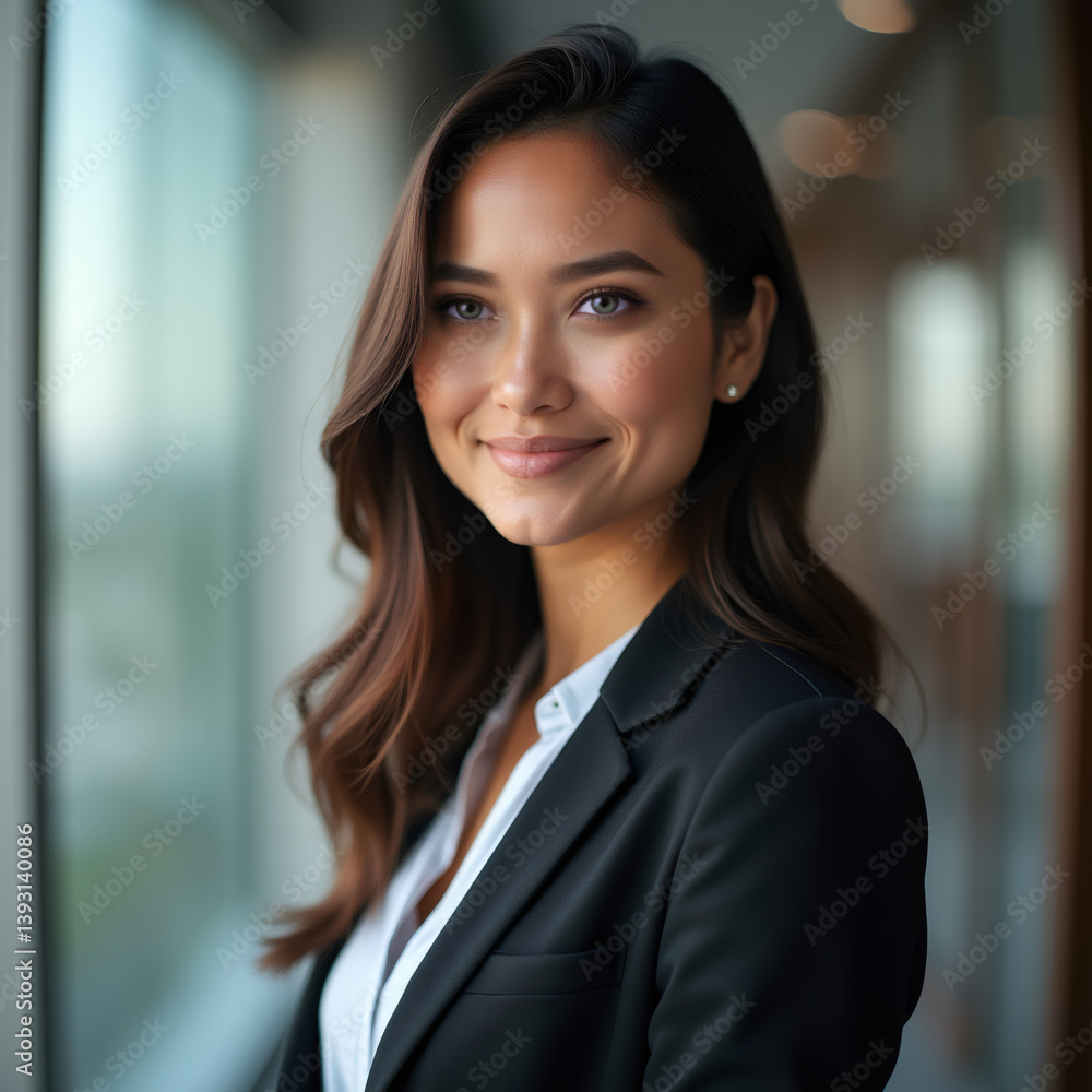 Obraz premium Smiling Brunette Businesswoman in Black Blazer by Bright Office Window