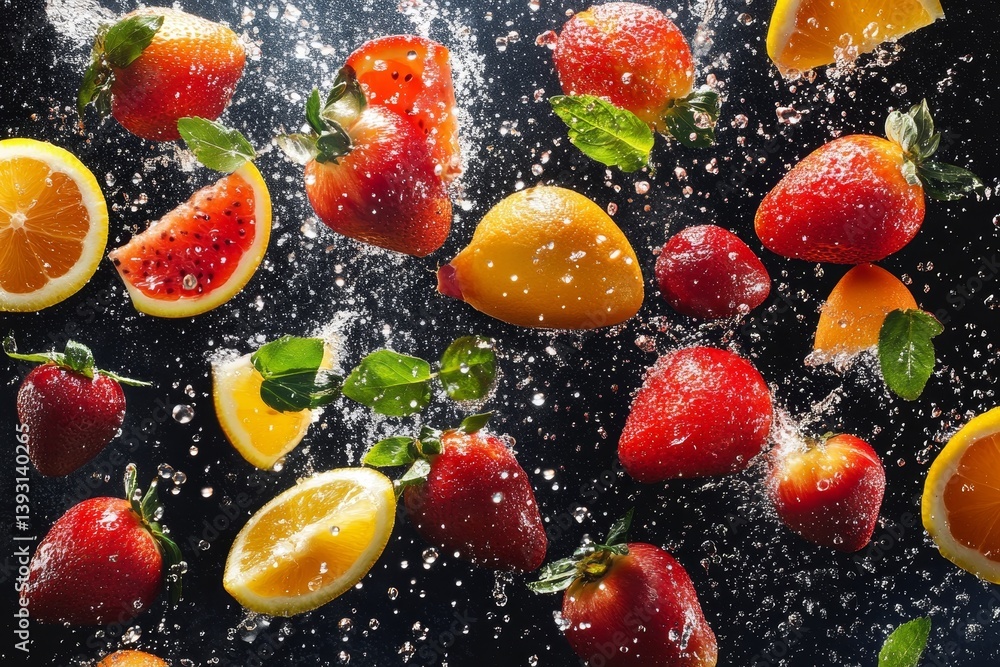 Colorful fruit splash in mid-air on a dark background Colorful fruit splash in mid-air on a dark background