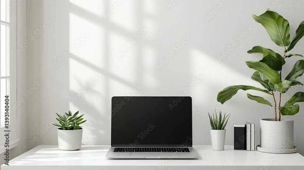 Minimalist Home Office Workspace with Laptop and Plants Minimalist Home Office Workspace with Laptop and Plants