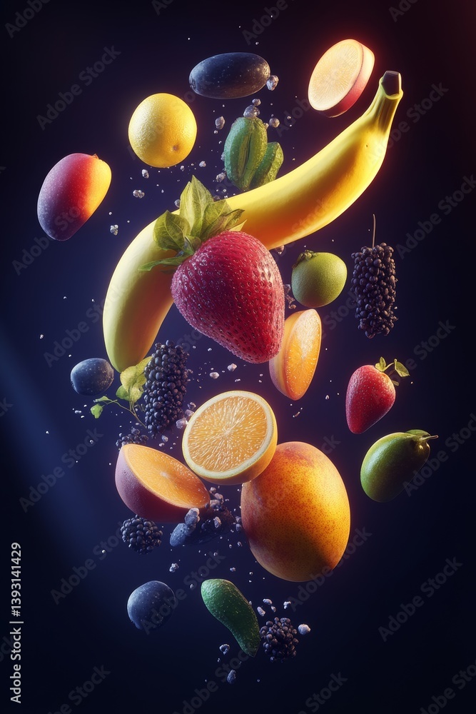Floating tropical fruits with a glowing neon background with reflection