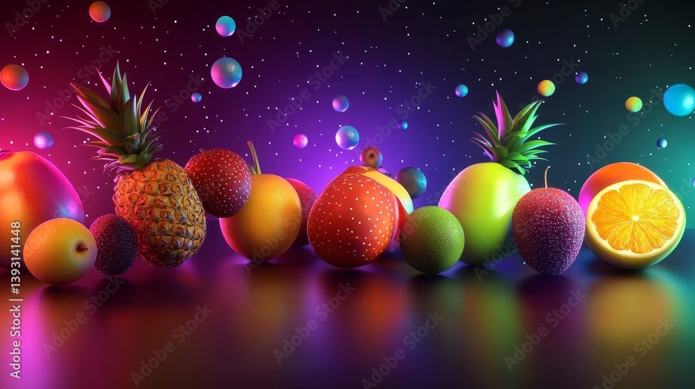 Floating tropical fruits with a glowing neon background with reflection
