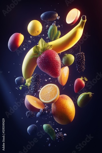 Obraz na płótnie Floating tropical fruits with a glowing neon background with reflection w salonie