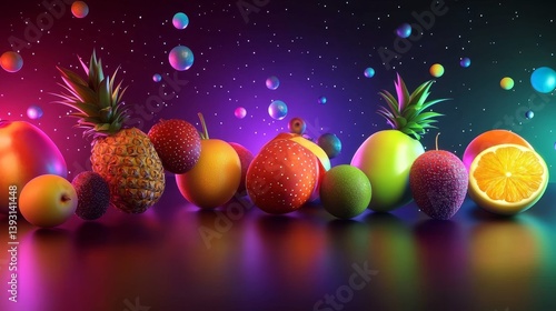 Obraz na płótnie Floating tropical fruits with a glowing neon background with reflection w salonie