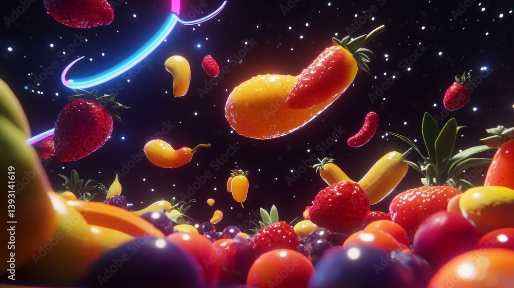 Floating tropical fruits with a glowing neon background with reflection