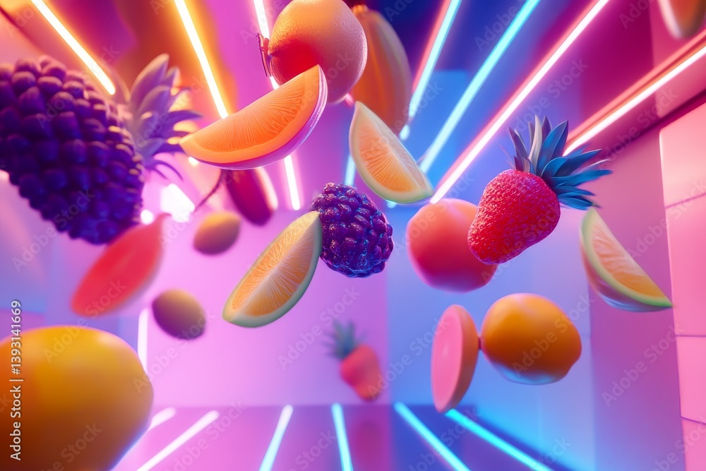 Floating tropical fruits with a glowing neon background with reflection