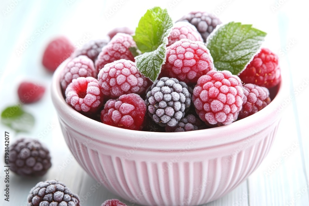 Frozen berries covered in frost with soft lighting