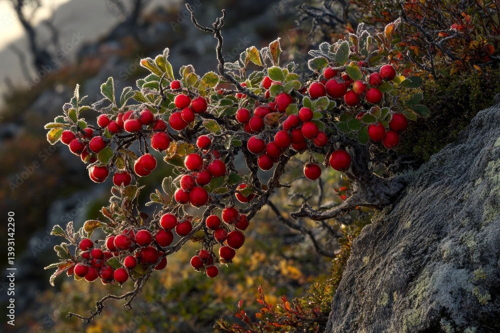 Frozen berries covered in frost with soft lighting