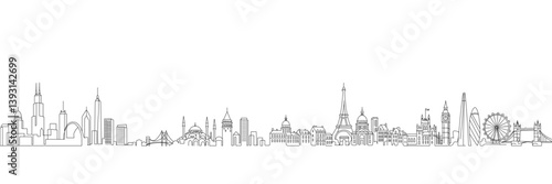 A minimalistic black and white vector illustration of a continuous city skyline featuring iconic landmarks from around the world, including Paris, London, New York, and Istanbul. 