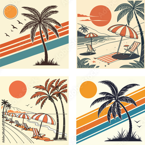 A palm tree silhouette on retro stripes with a sun background