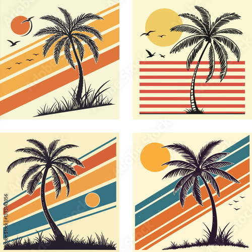 A palm tree silhouette on retro stripes with a sun background